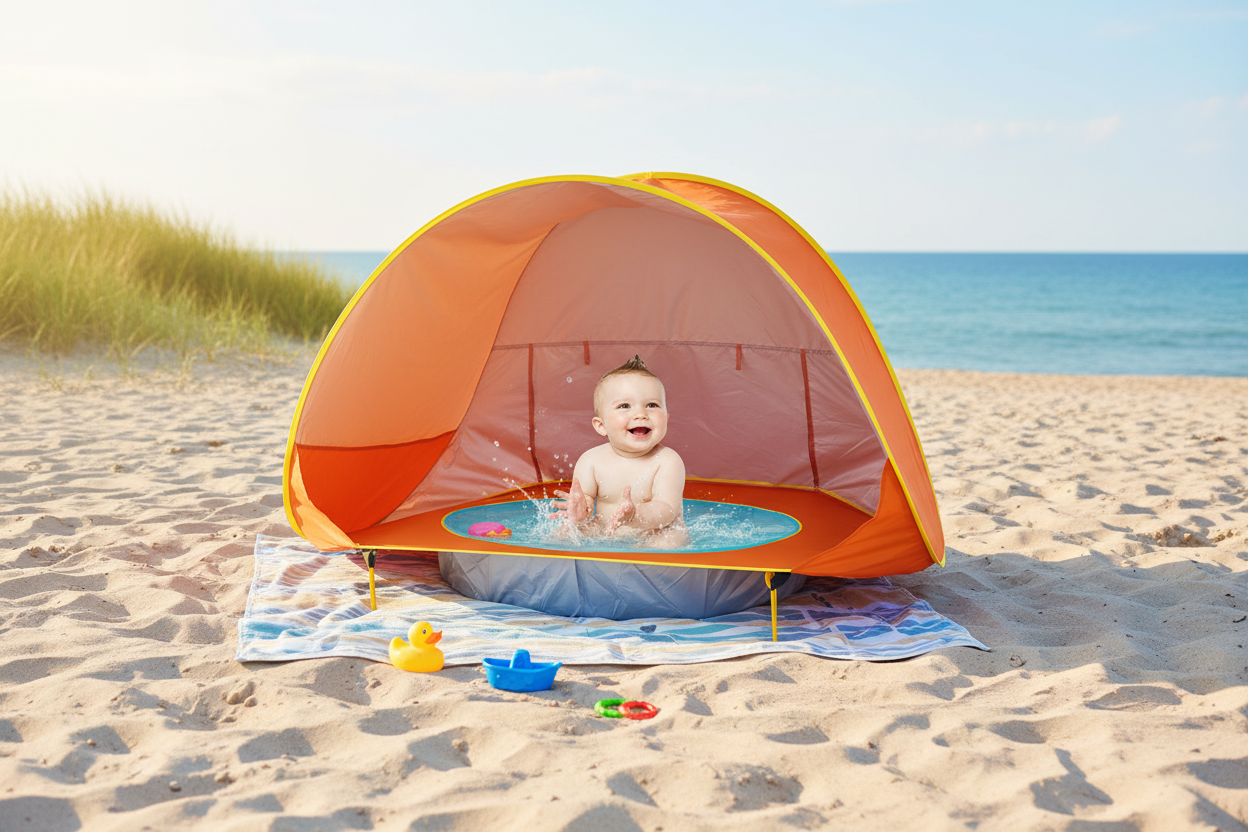 Baby soltält på svensk sandstrand