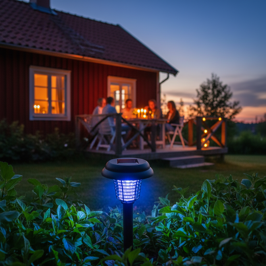 Mygglampa vid svensk stuga i skymning